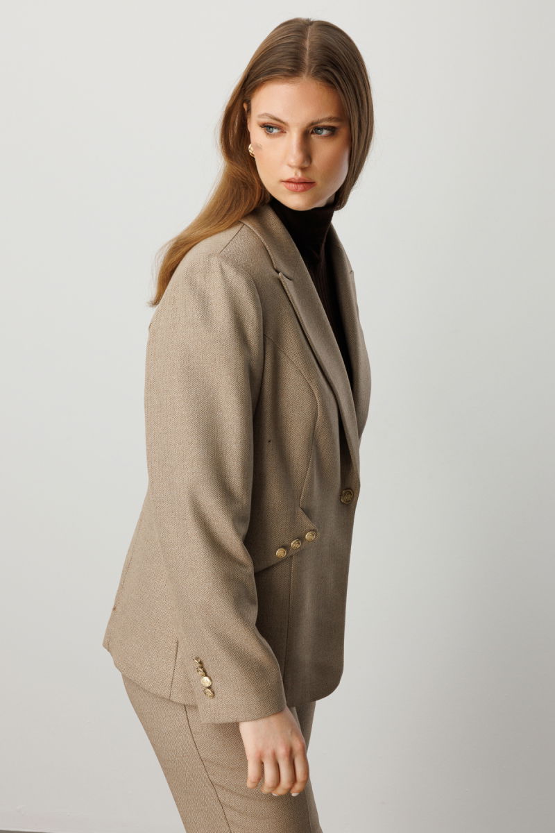 Ekol Kadın Büyük Beden Omzu Vatkalı Süs Düğmeli Ceket 5533 Camel - 2