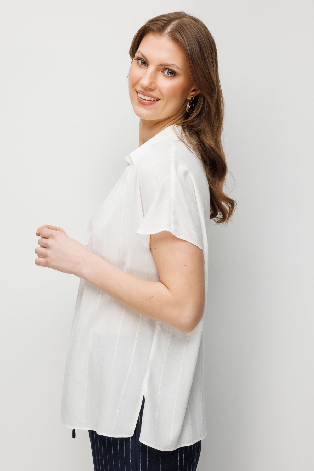 Ekol Kadın Büyük Beden Önü Büzgülü Şerit Detaylı Bluz 2548 Ekru - 2