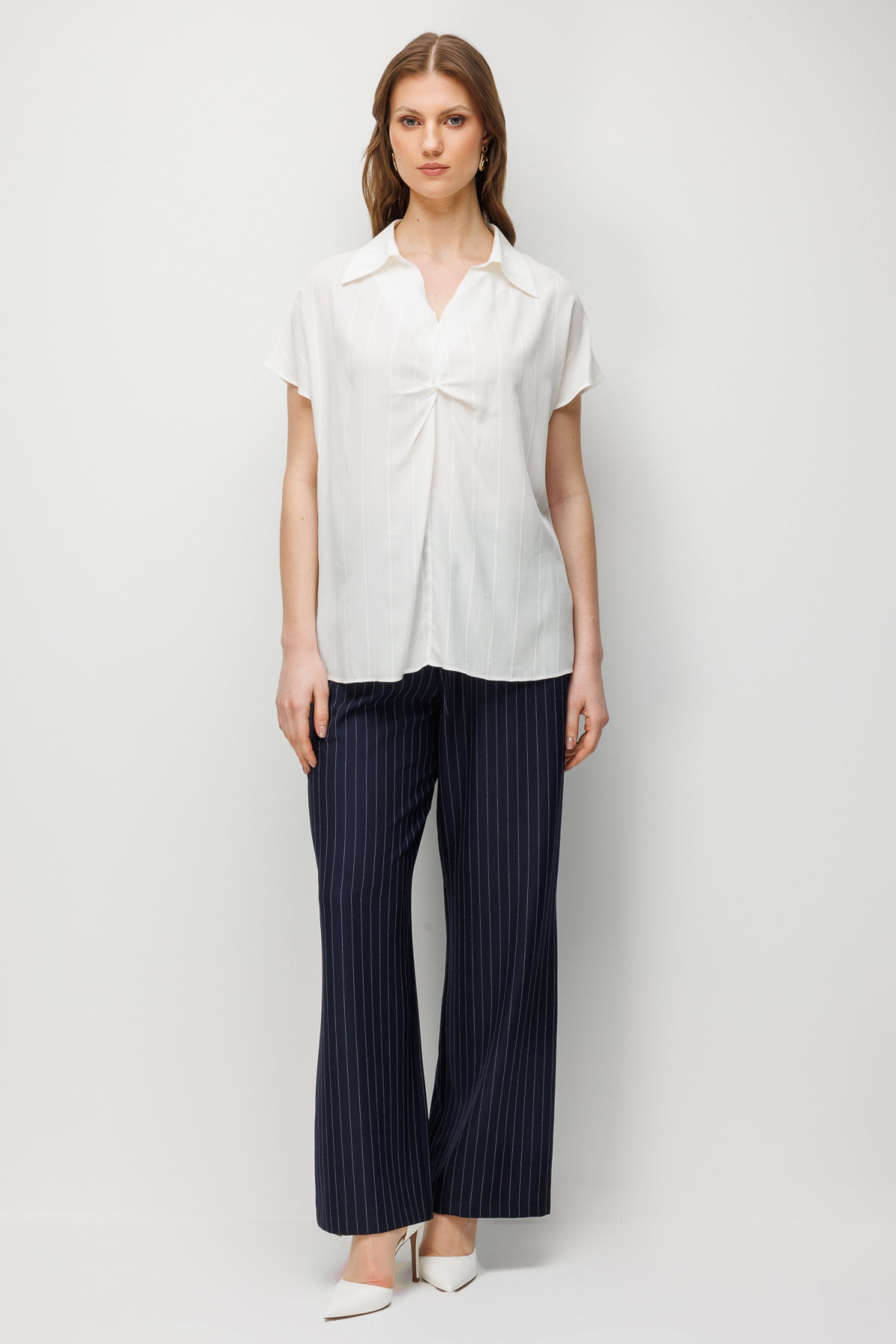 Ekol Kadın Büyük Beden Önü Büzgülü Şerit Detaylı Bluz 2548 Ekru - 3