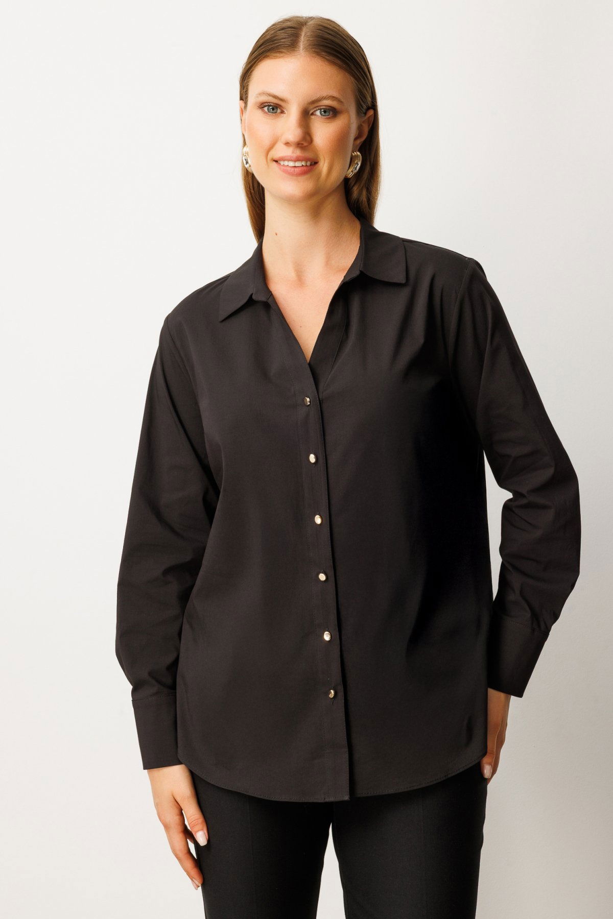 Ekol Kadın Büyük Beden Önü Düğmeli Polo Yaka Gömlek 3549 Siyah - 1