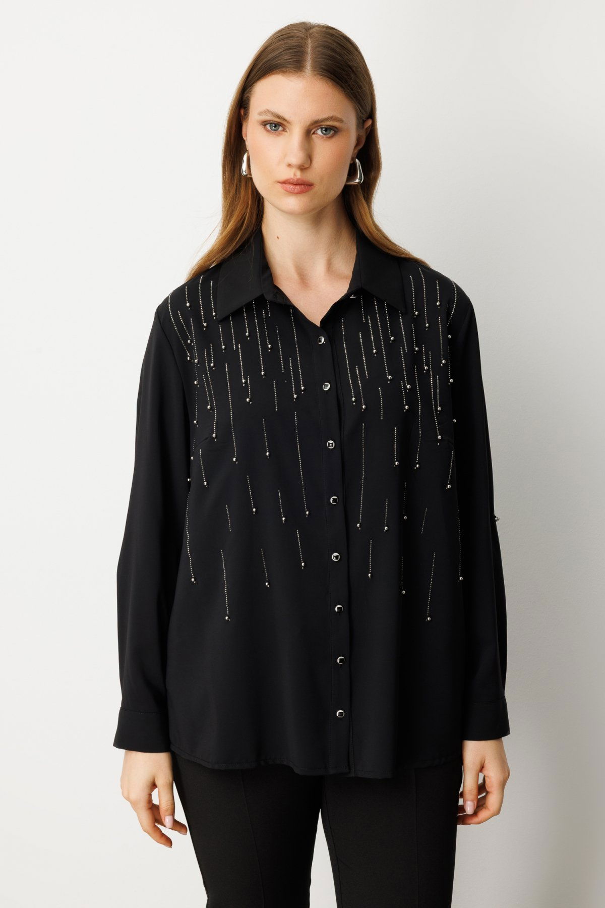 Ekol Kadın Büyük Beden Önü Taşlı Boncuklu Bluz 3983 Siyah - 1