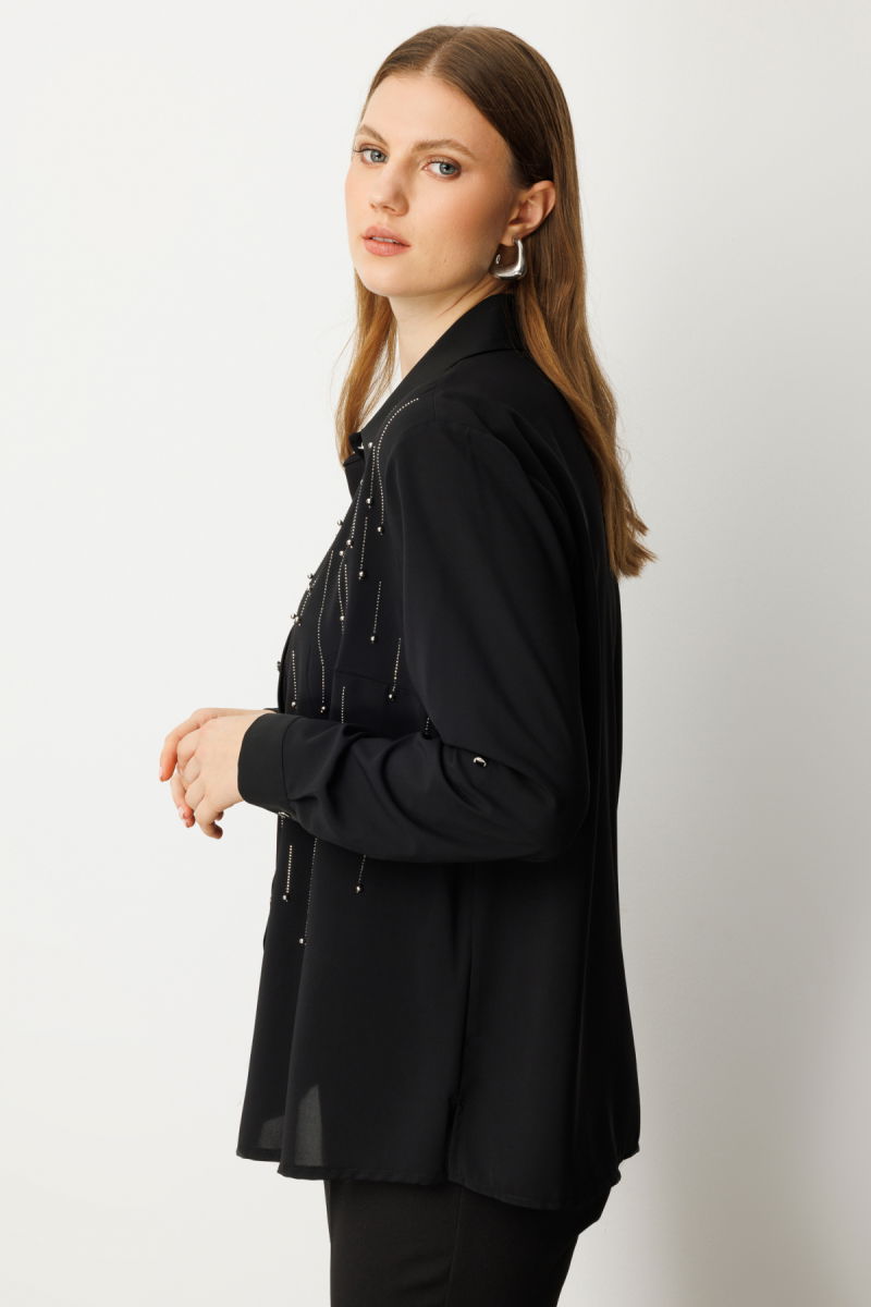 Ekol Kadın Büyük Beden Önü Taşlı Boncuklu Bluz 3983 Siyah - 2