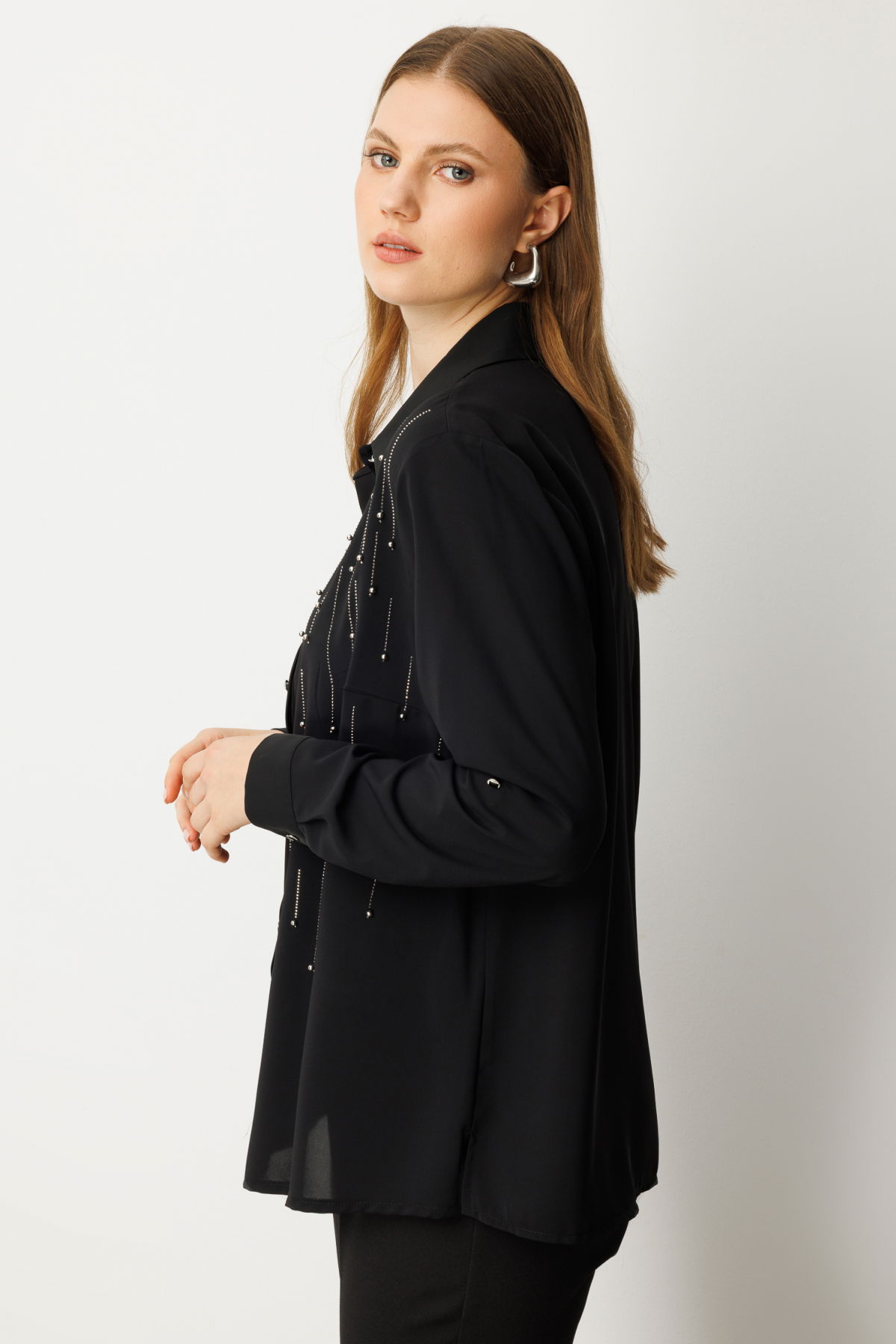 Ekol Kadın Büyük Beden Önü Taşlı Boncuklu Bluz 3983 Siyah - 2