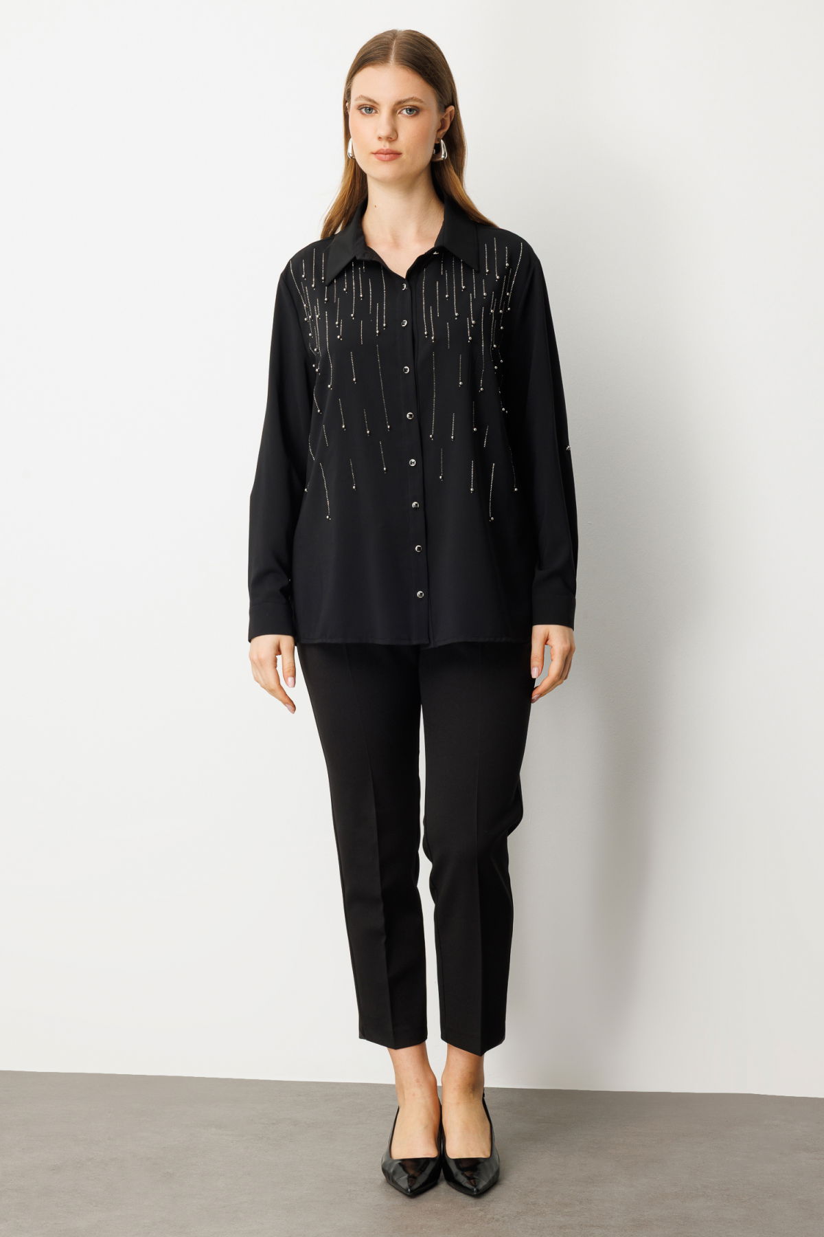 Ekol Kadın Büyük Beden Önü Taşlı Boncuklu Bluz 3983 Siyah - 3