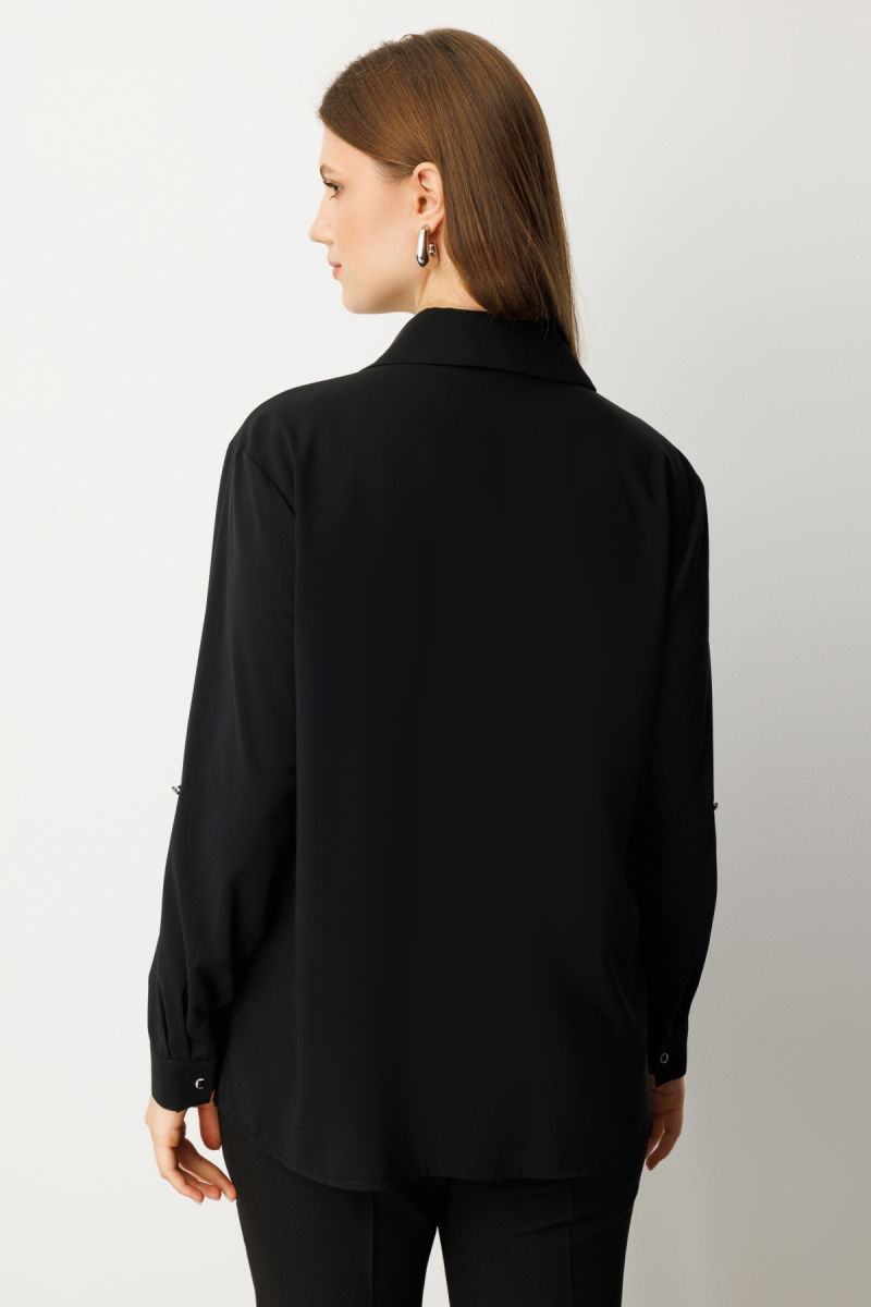 Ekol Kadın Büyük Beden Önü Taşlı Boncuklu Bluz 3983 Siyah - 4