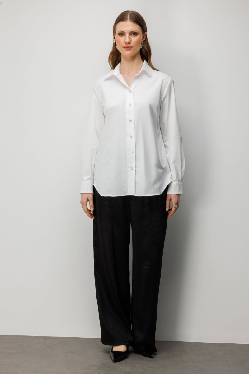 Ekol Kadın Büyük Beden Polo Yaka Pamuklu Gömlek 2560 Ekru - 3