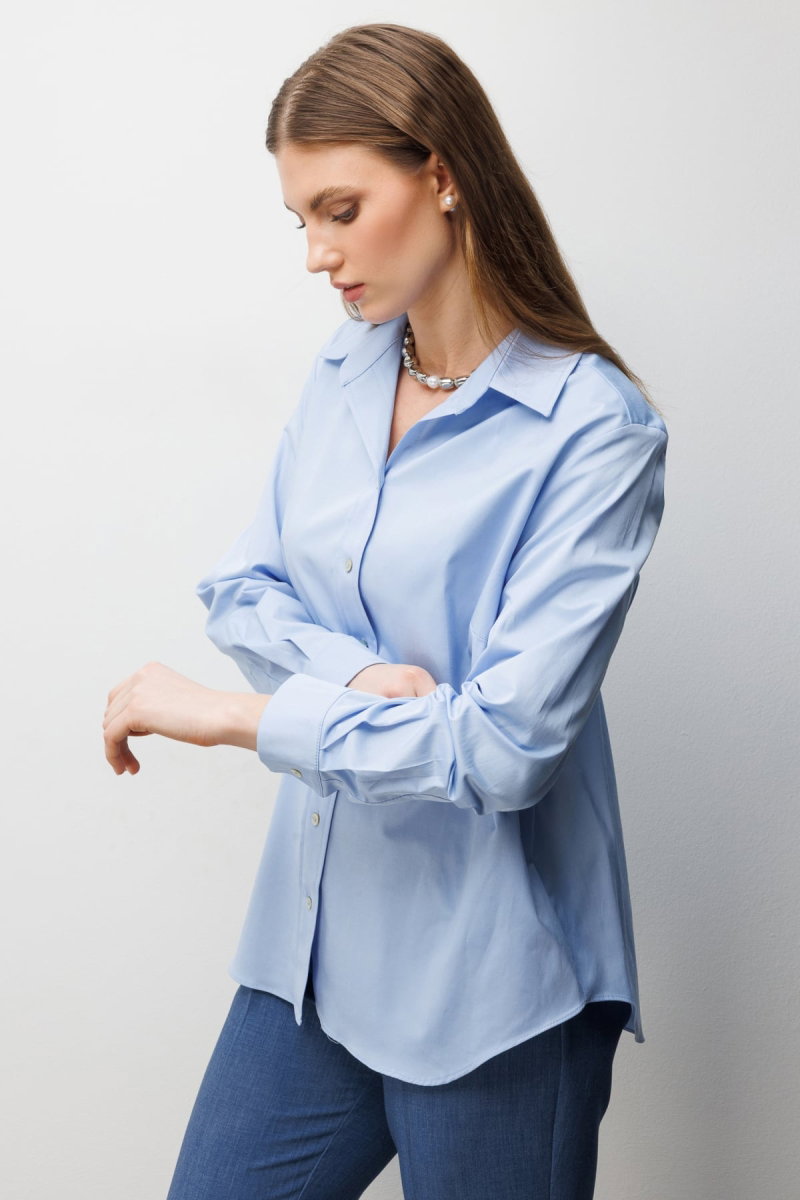 Ekol Kadın Büyük Beden Polo Yaka Pamuklu Gömlek 2560 Mavi - 2