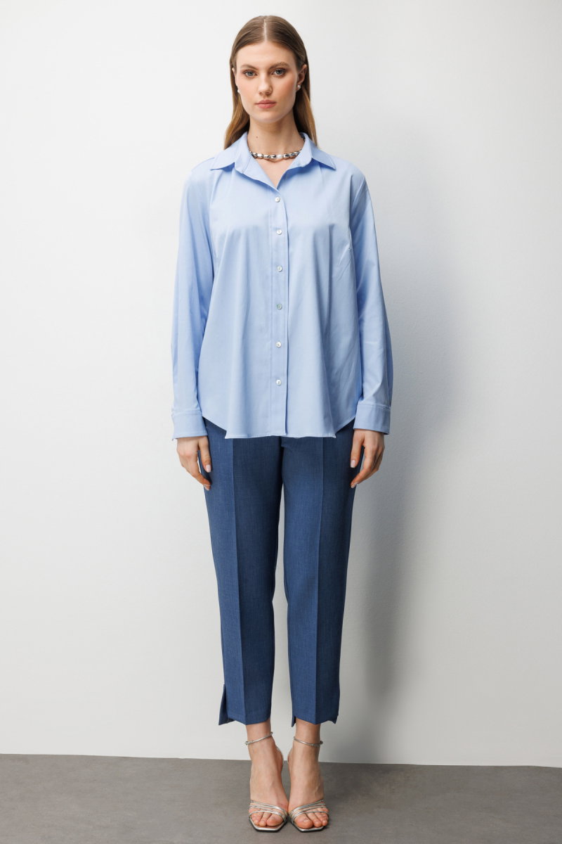 Ekol Kadın Büyük Beden Polo Yaka Pamuklu Gömlek 2560 Mavi - 3