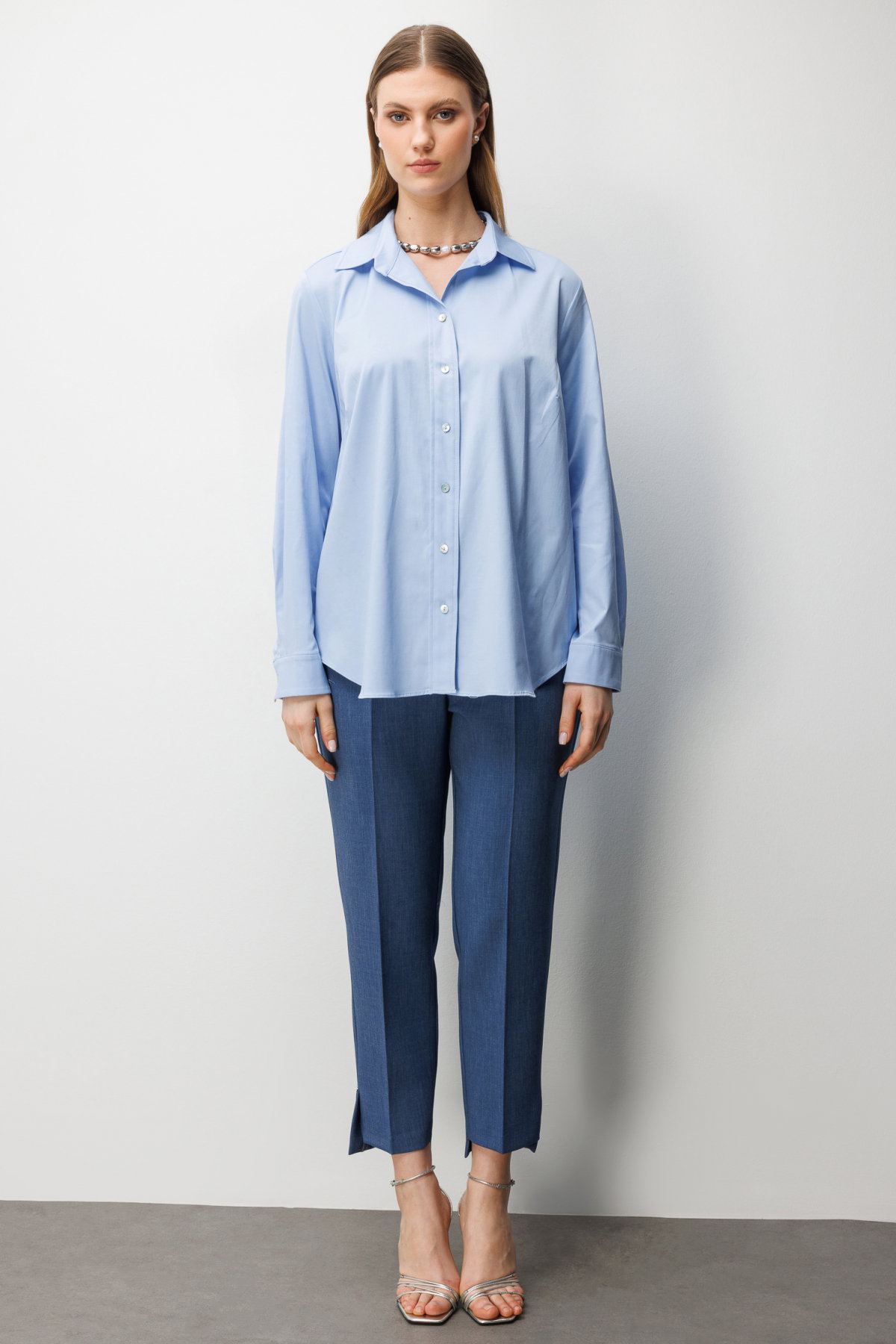 Ekol Kadın Büyük Beden Polo Yaka Pamuklu Gömlek 2560 Mavi - 3