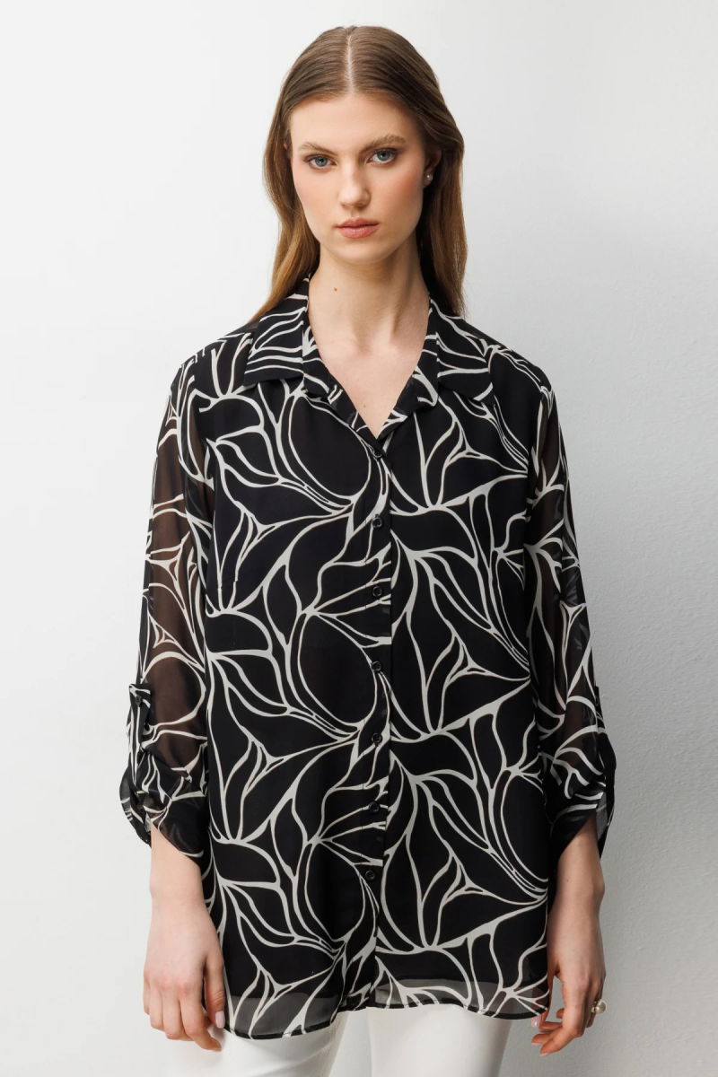 Ekol Kadın Büyük Beden Polo Yaka Transparan Gömlek 2538 Siyah - Ekol