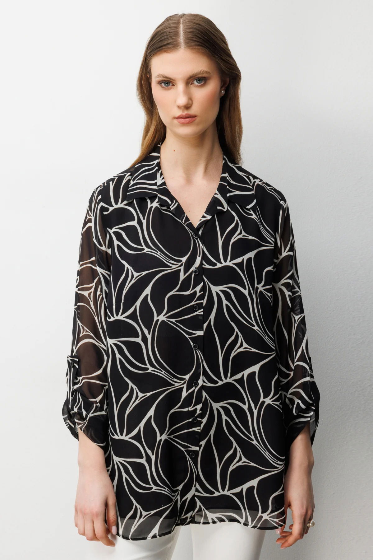 Ekol Kadın Büyük Beden Polo Yaka Transparan Gömlek 2538 Siyah - 1