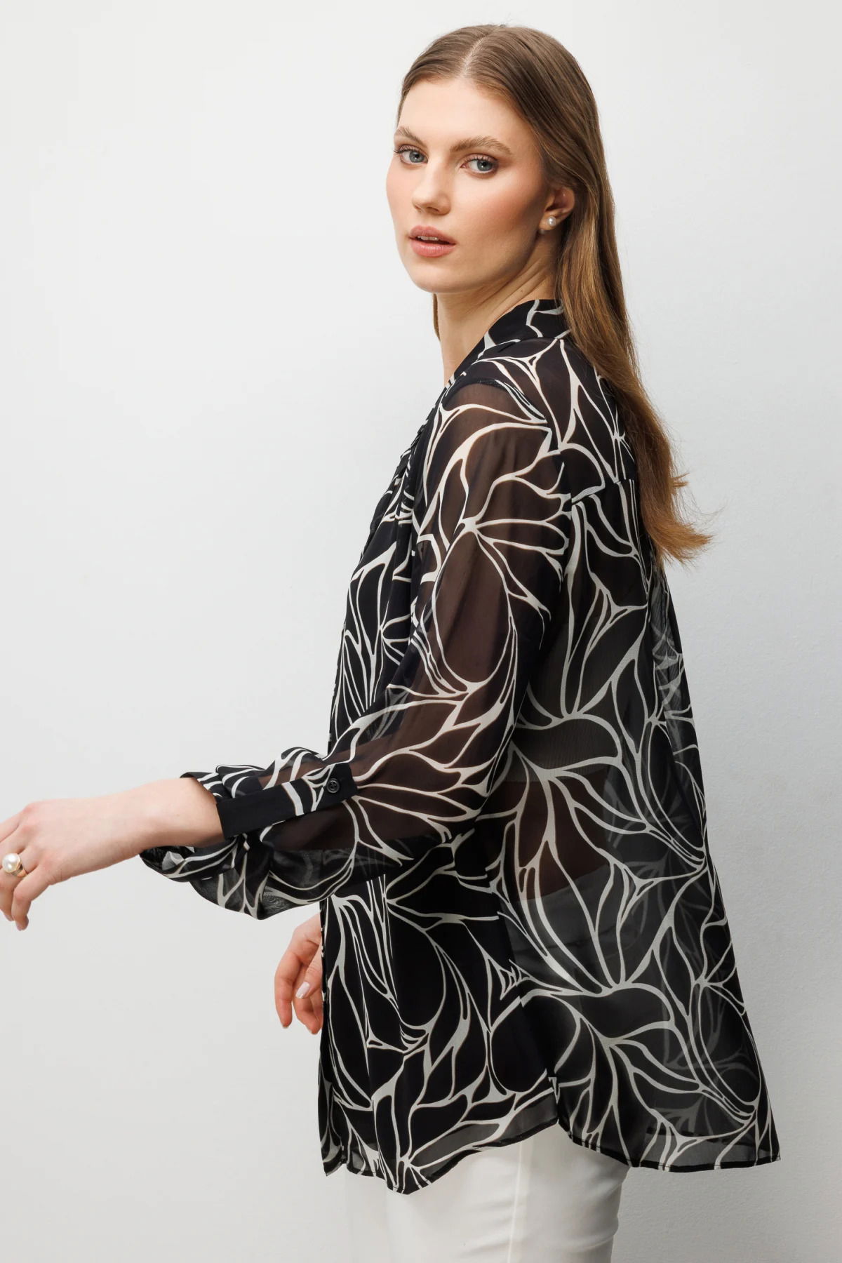 Ekol Kadın Büyük Beden Polo Yaka Transparan Gömlek 2538 Siyah - 2