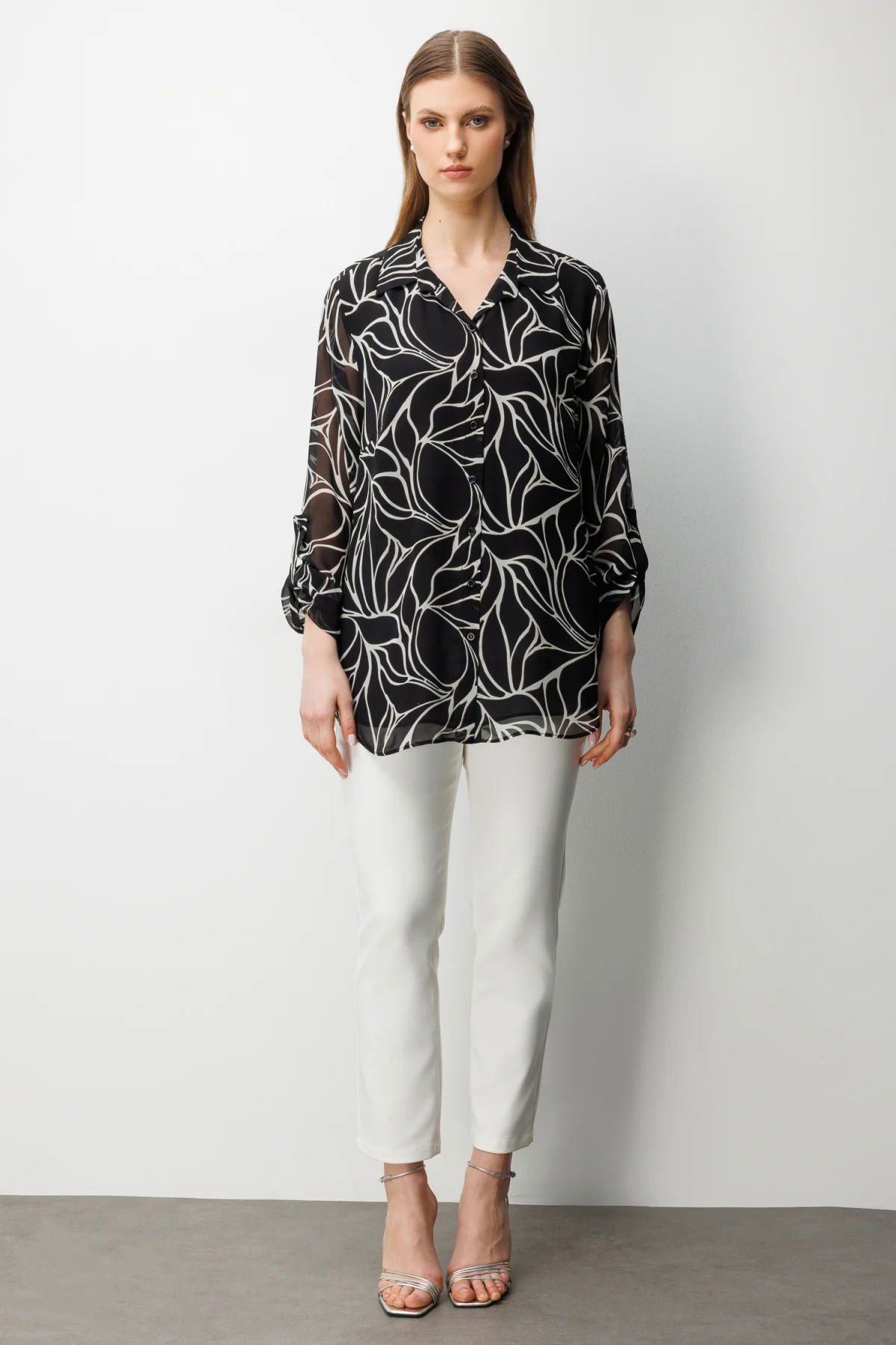 Ekol Kadın Büyük Beden Polo Yaka Transparan Gömlek 2538 Siyah - 3