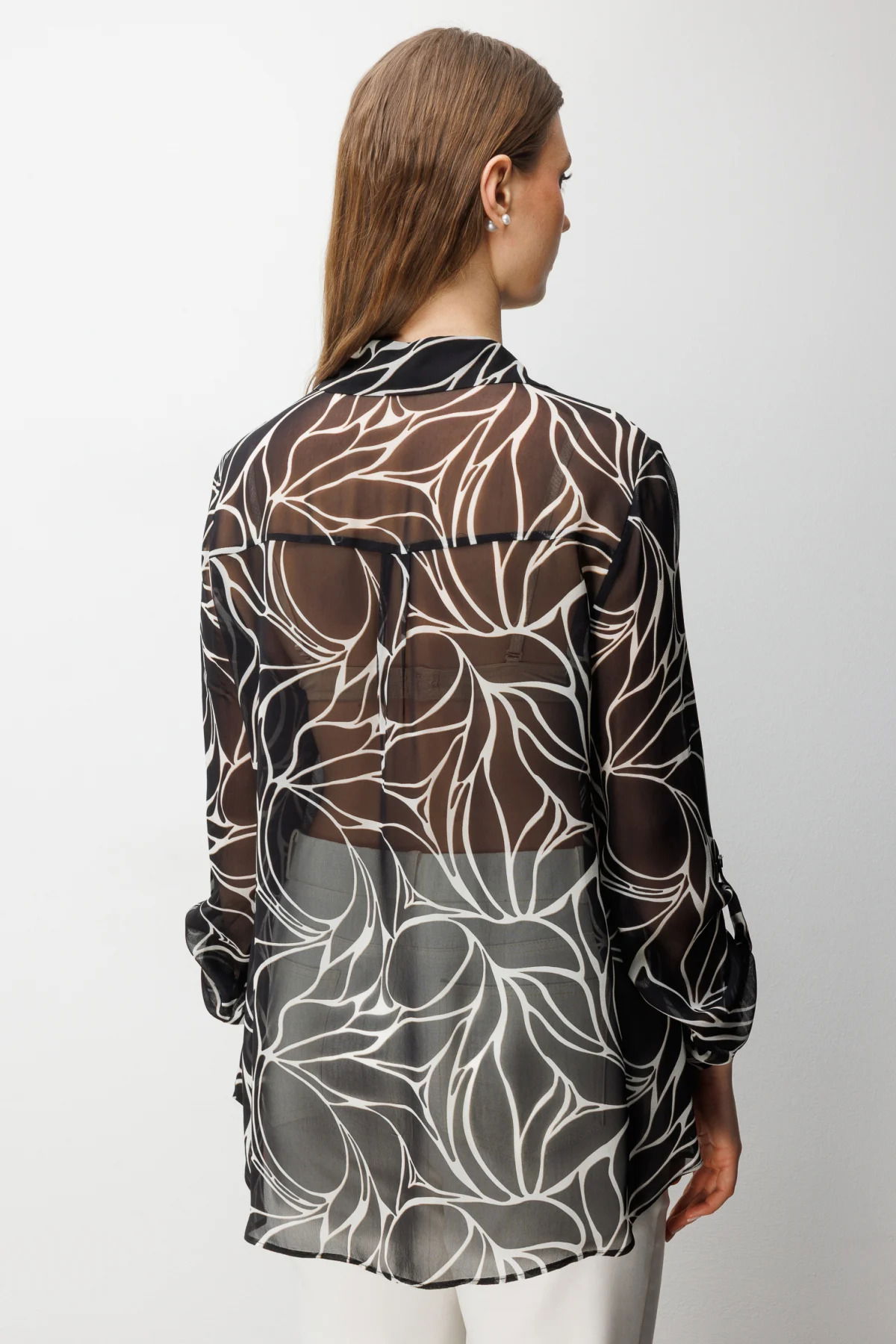 Ekol Kadın Büyük Beden Polo Yaka Transparan Gömlek 2538 Siyah - 4