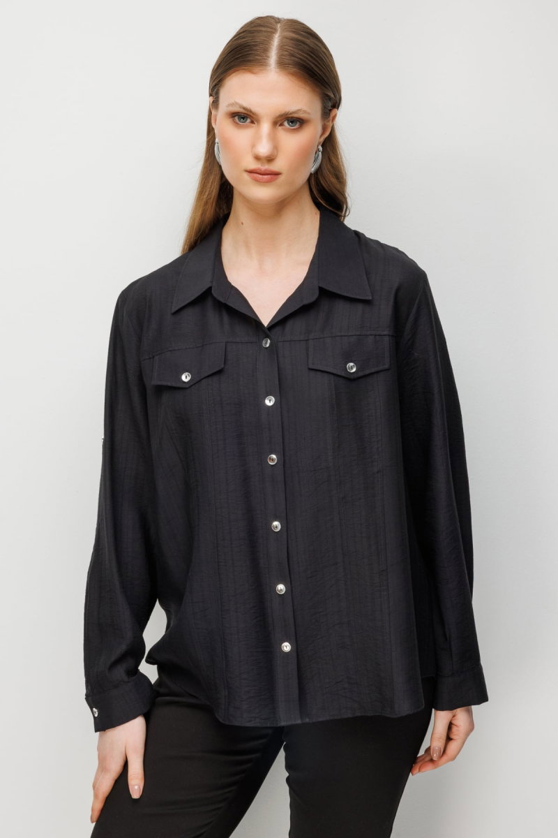 Ekol Kadın Büyük Beden Süs Kapak Cepli Polo Yaka Gömlek 2528 Siyah - Ekol