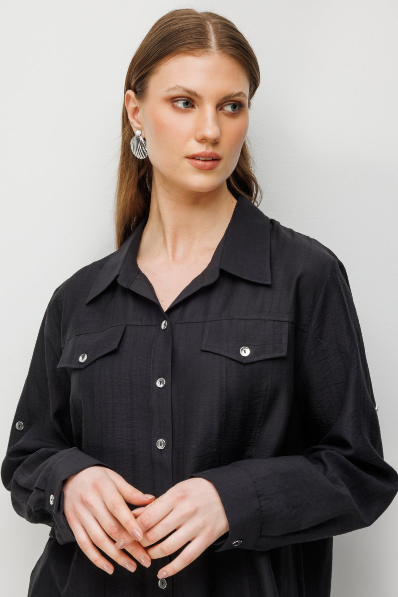 Ekol Kadın Büyük Beden Süs Kapak Cepli Polo Yaka Gömlek 2528 Siyah - 2