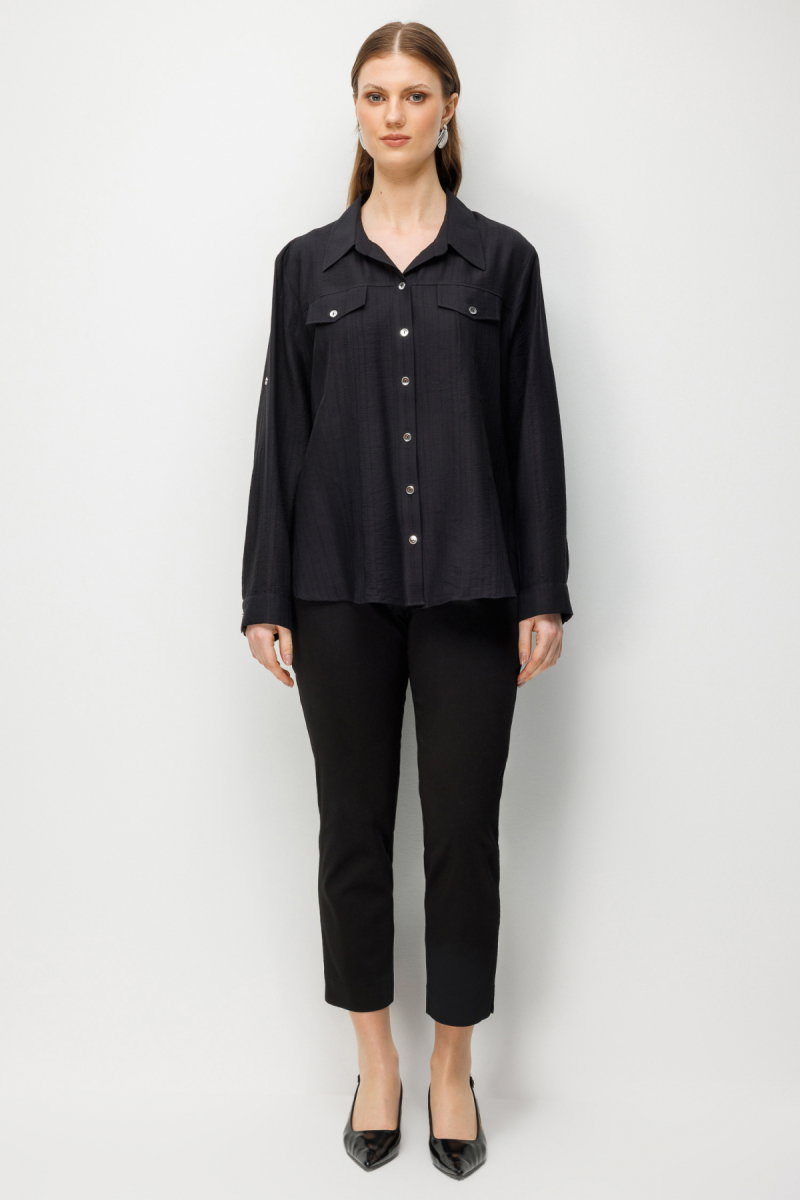 Ekol Kadın Büyük Beden Süs Kapak Cepli Polo Yaka Gömlek 2528 Siyah - 3