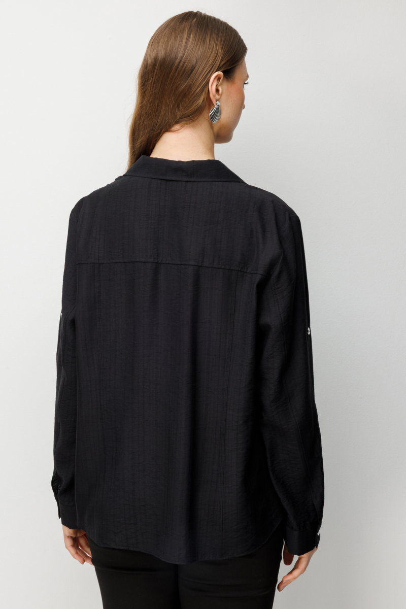 Ekol Kadın Büyük Beden Süs Kapak Cepli Polo Yaka Gömlek 2528 Siyah - 4