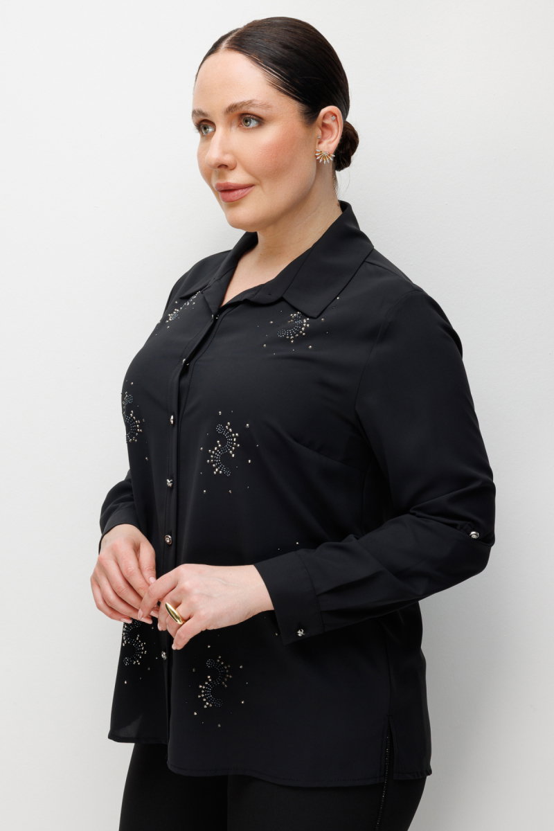 Ekol Kadın Büyük Beden Taş İşlemeli Polo Yaka Gömlek 2966 Siyah - 2