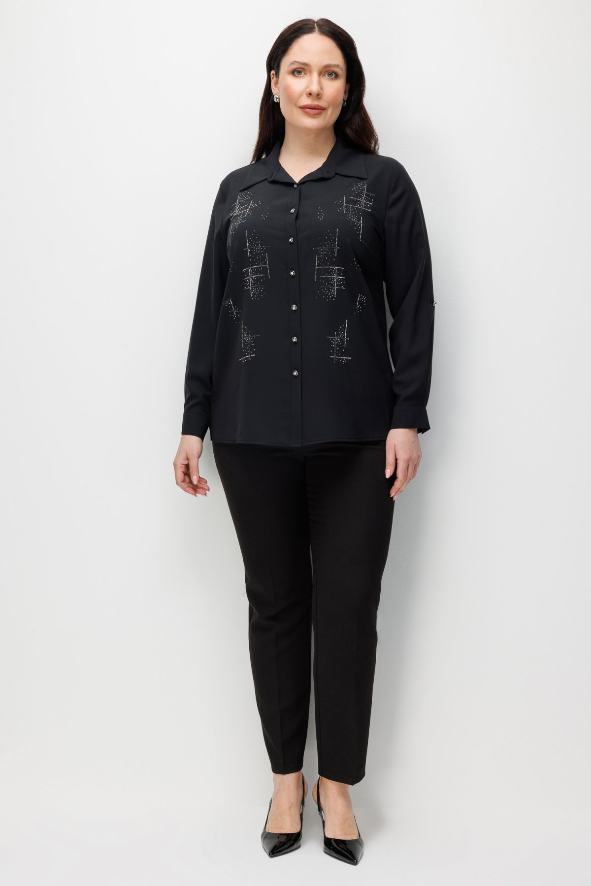 Ekol Kadın Büyük Beden Taş İşlemeli Uzun Kollu Gömlek 2962 Siyah - 3