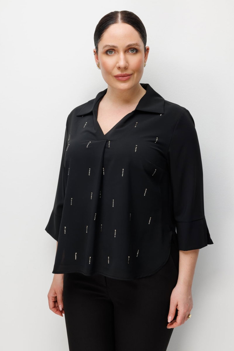 Ekol Kadın Büyük Beden Taş İşlemeli Yarım Kollu Bluz 2964 Siyah - Ekol