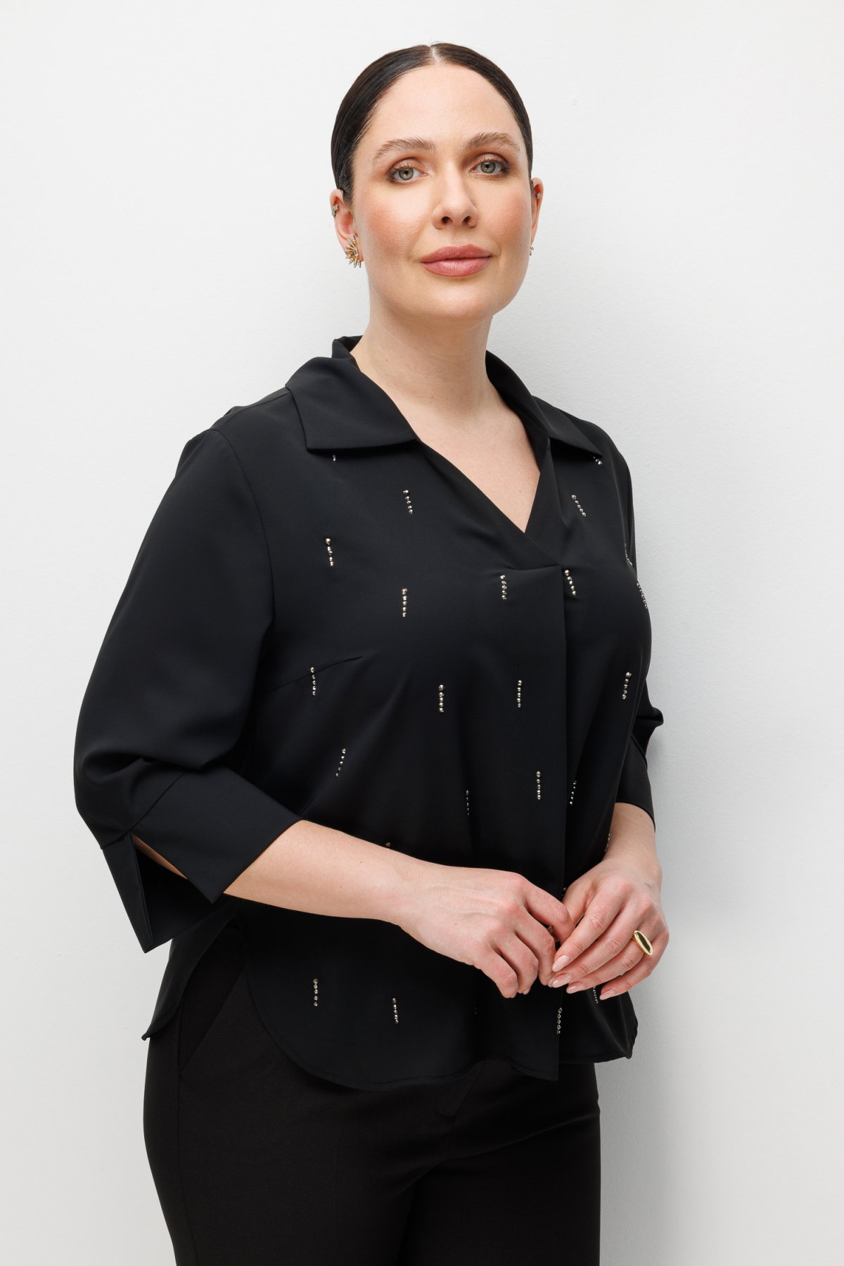 Ekol Kadın Büyük Beden Taş İşlemeli Yarım Kollu Bluz 2964 Siyah - 2