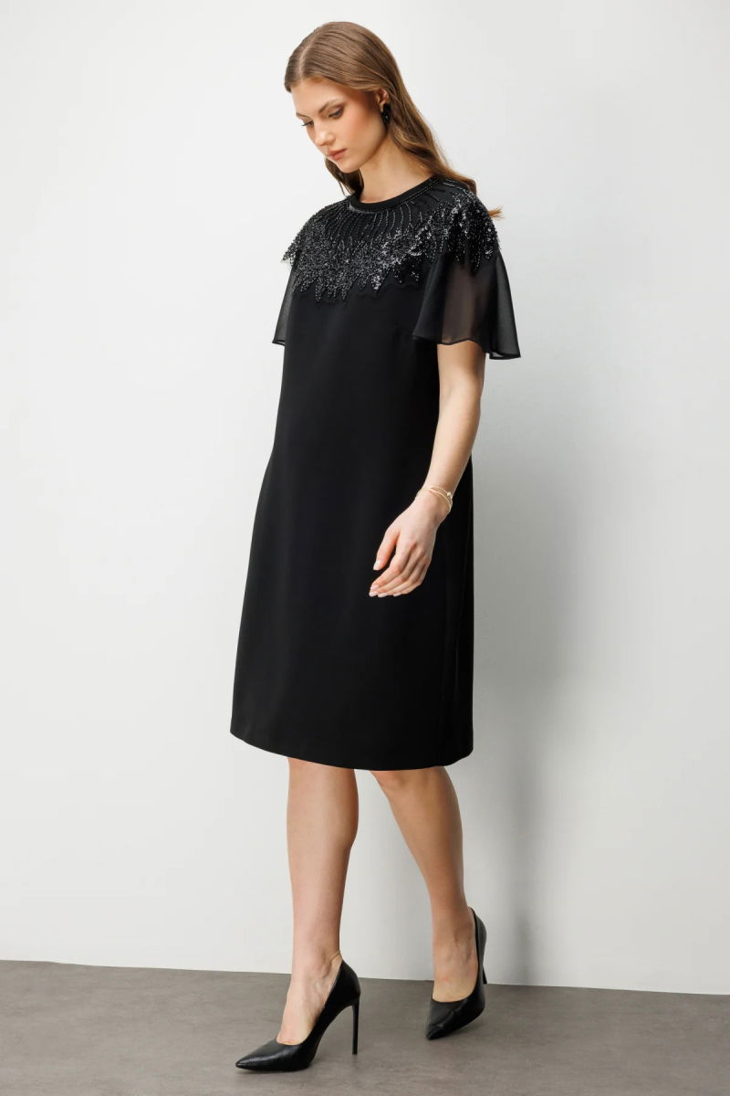 Ekol Kadın Büyük Beden Taş Nakışlı Midi Elbise 6502 Siyah - Ekol