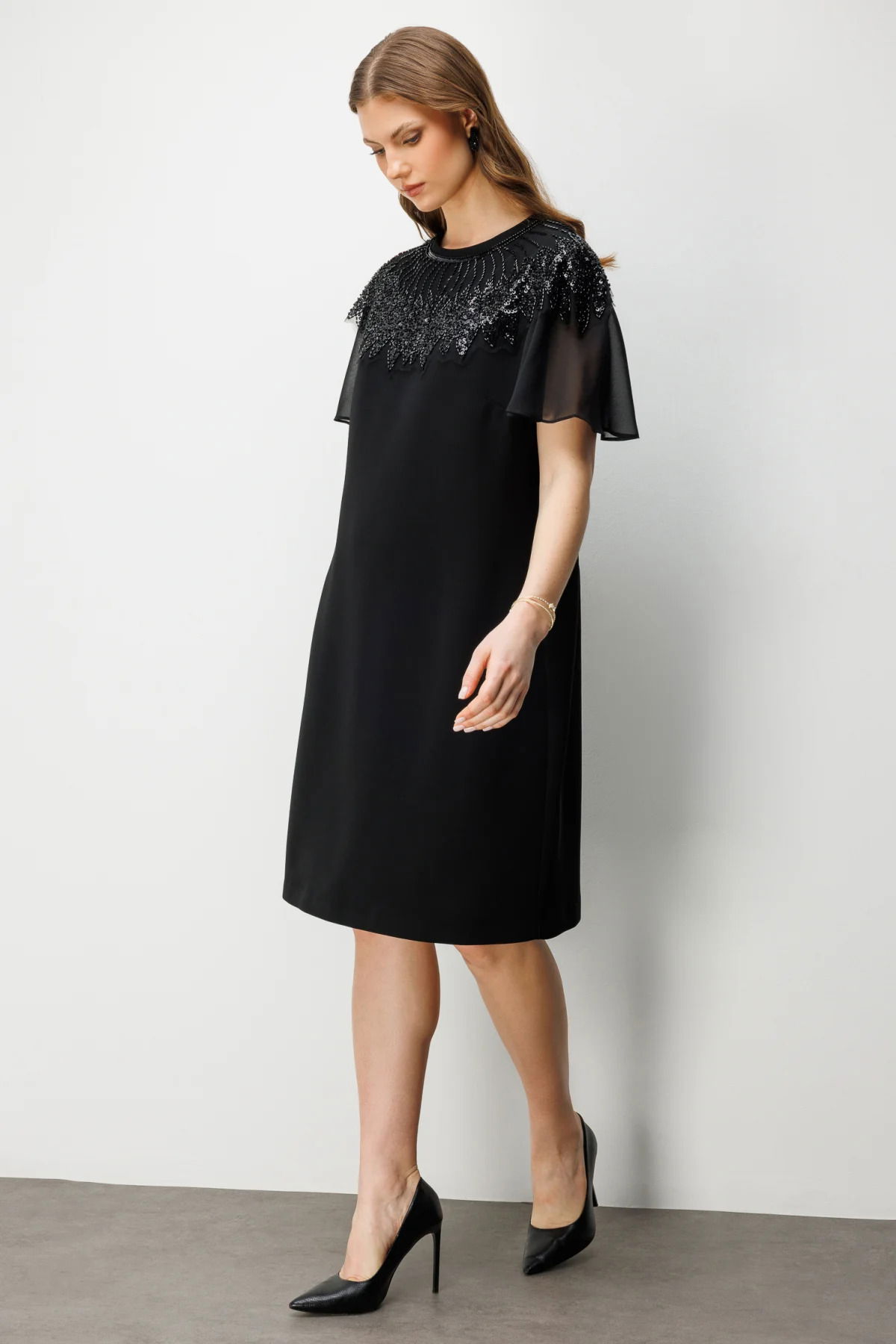Ekol Kadın Büyük Beden Taş Nakışlı Midi Elbise 6502 Siyah - 1