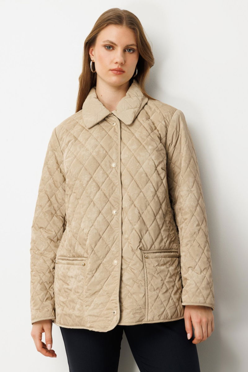 Ekol Kadın Büyük Beden Torba Cepli Kapitone Mont 6803 Bej - Ekol