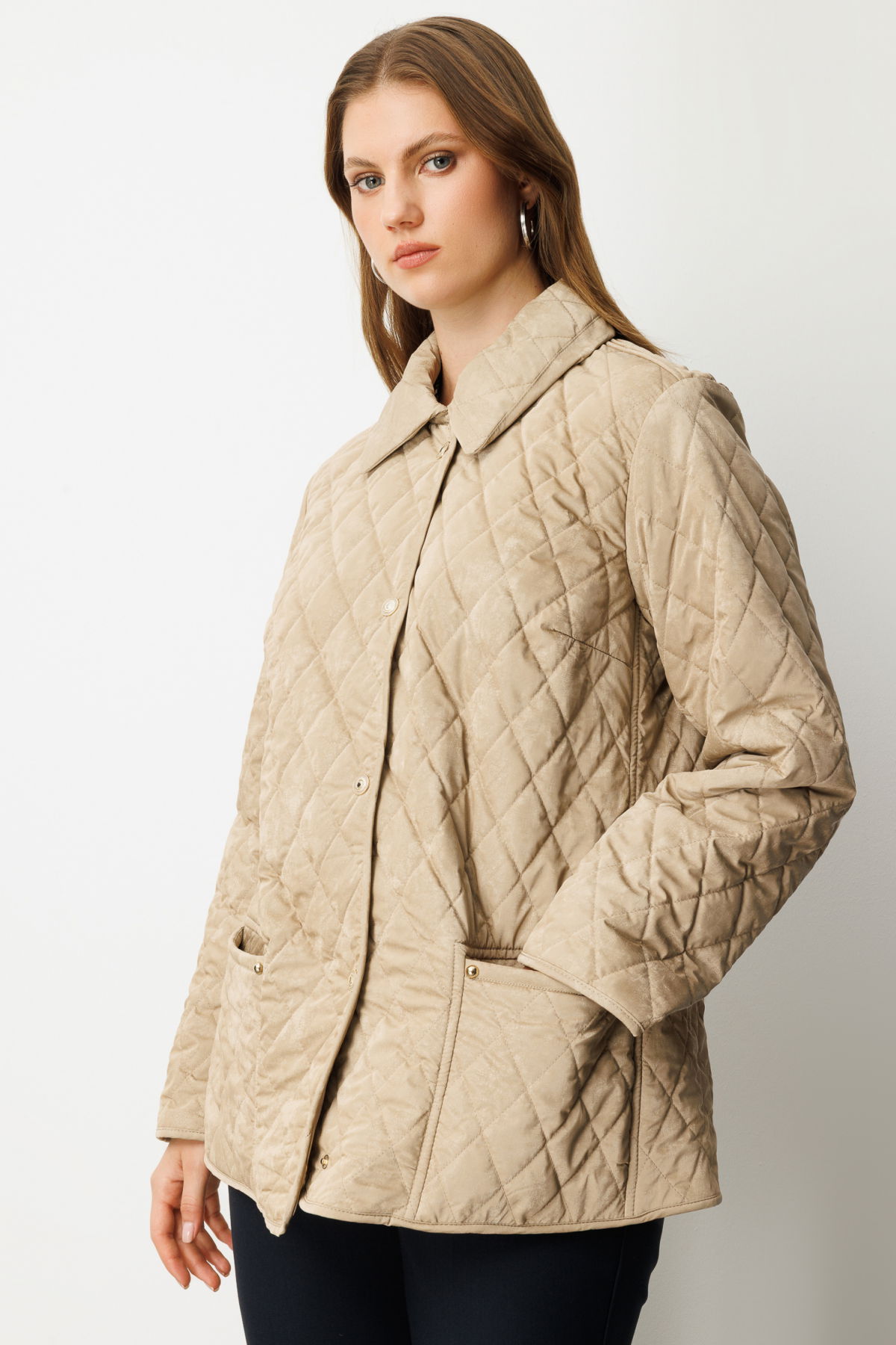 Ekol Kadın Büyük Beden Torba Cepli Kapitone Mont 6803 Bej - 2