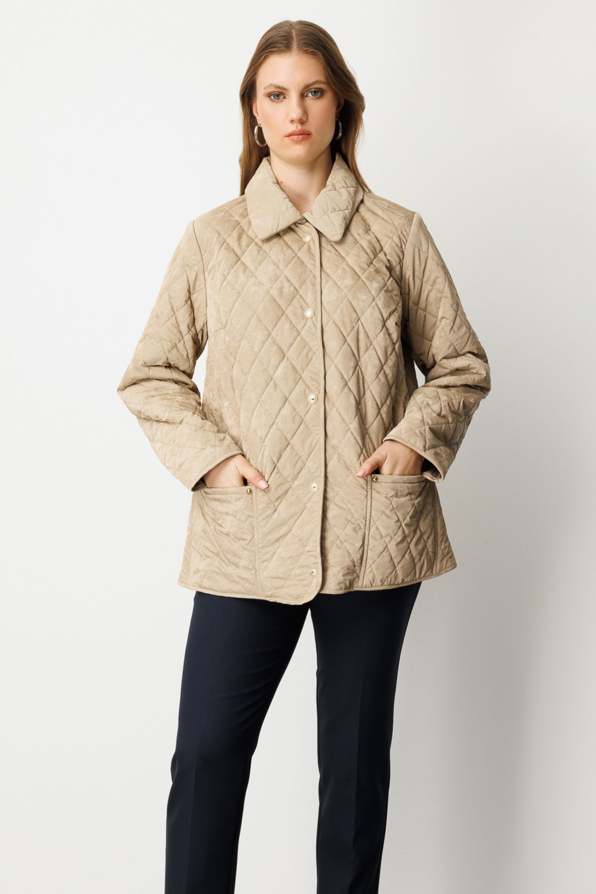 Ekol Kadın Büyük Beden Torba Cepli Kapitone Mont 6803 Bej - 3