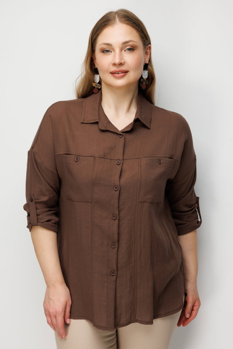 Ekol Kadın Büyük Beden Torba Cepli Keten Gömlek 2988 Çikolata - Ekol