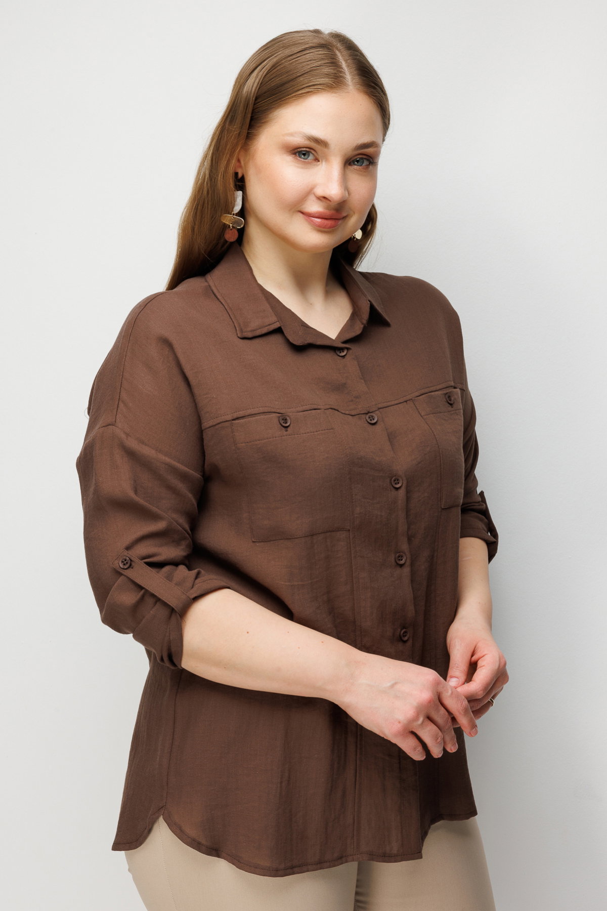 Ekol Kadın Büyük Beden Torba Cepli Keten Gömlek 2988 Çikolata - 2