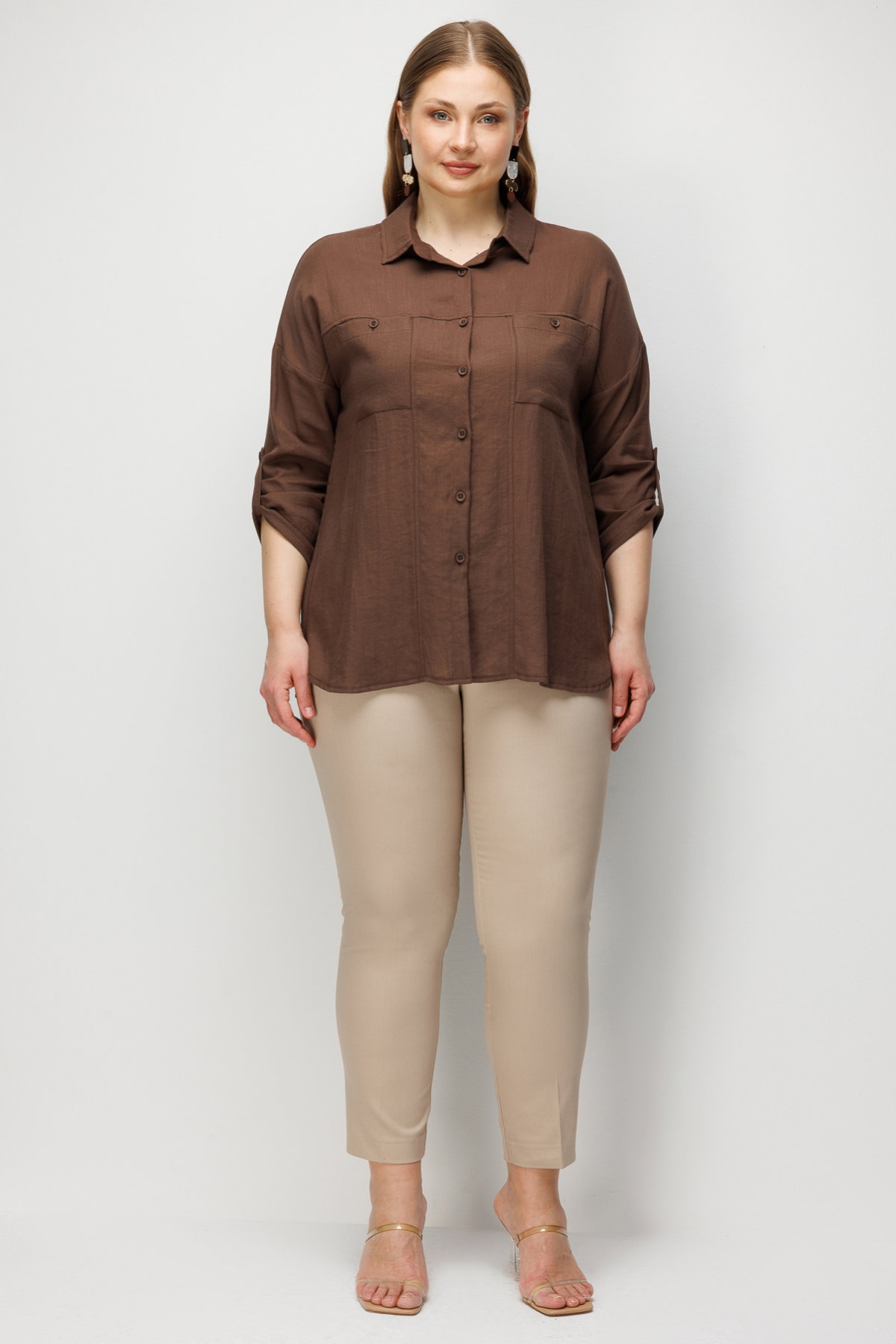 Ekol Kadın Büyük Beden Torba Cepli Keten Gömlek 2988 Çikolata - 3
