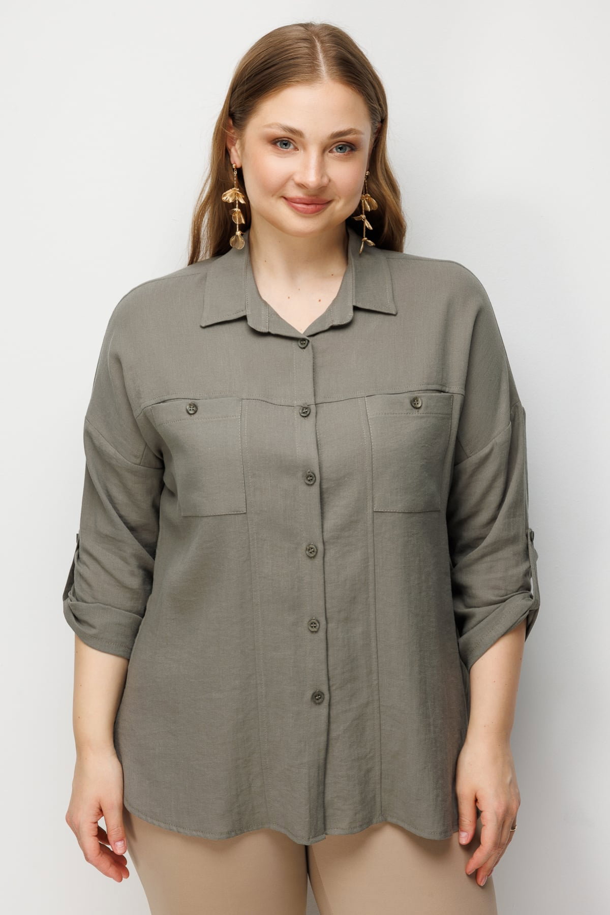 Ekol Kadın Büyük Beden Torba Cepli Keten Gömlek 2988 Haki - 1