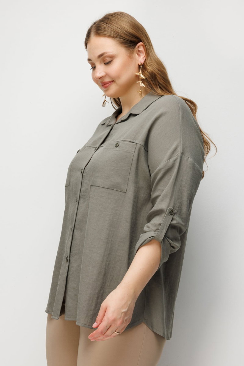 Ekol Kadın Büyük Beden Torba Cepli Keten Gömlek 2988 Haki - 2