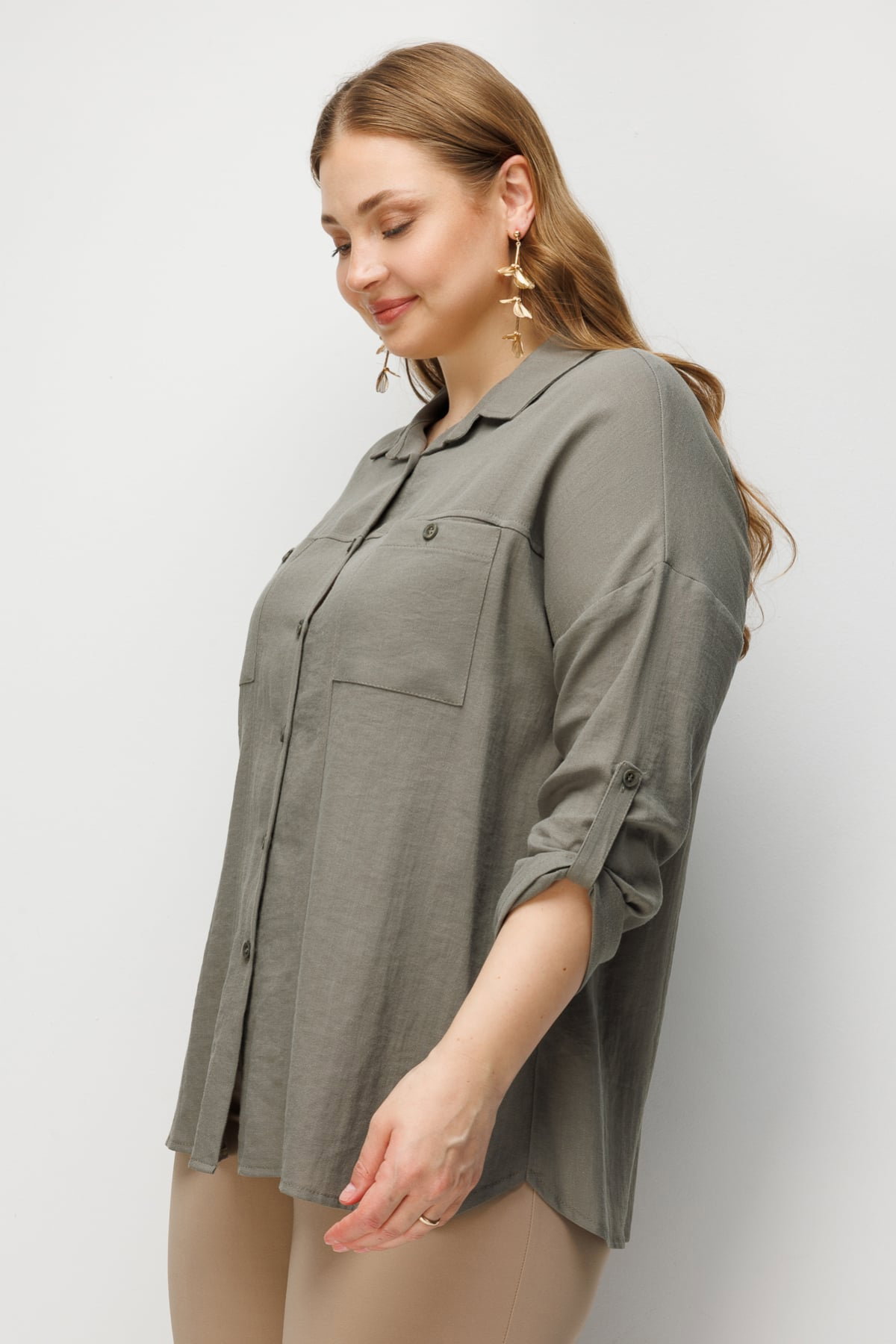 Ekol Kadın Büyük Beden Torba Cepli Keten Gömlek 2988 Haki - 2