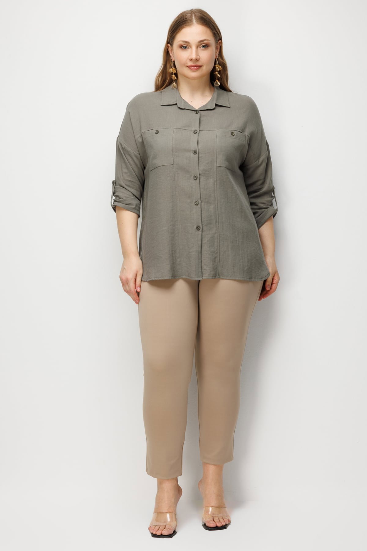 Ekol Kadın Büyük Beden Torba Cepli Keten Gömlek 2988 Haki - 3