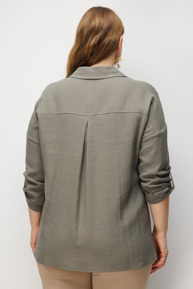 Ekol Kadın Büyük Beden Torba Cepli Keten Gömlek 2988 Haki - 4