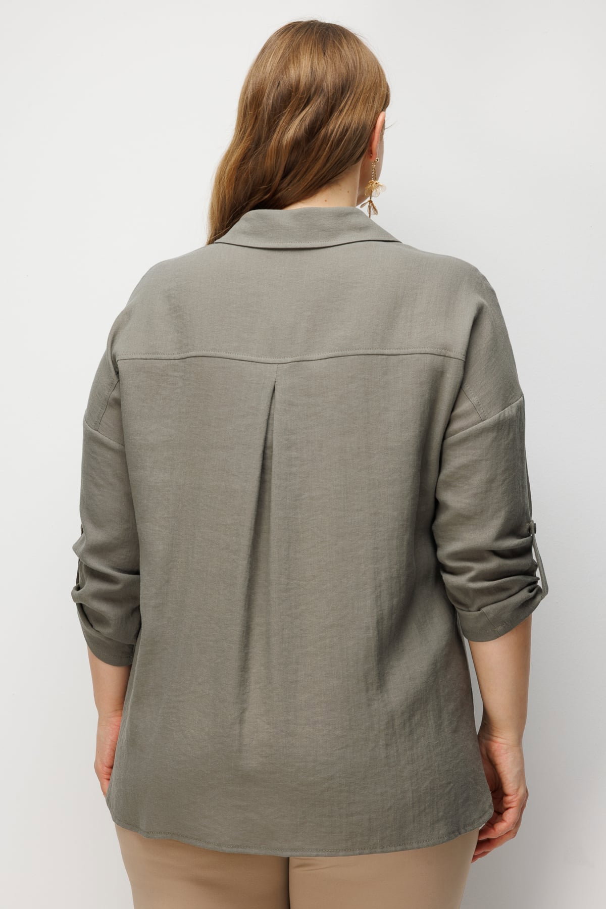 Ekol Kadın Büyük Beden Torba Cepli Keten Gömlek 2988 Haki - 4