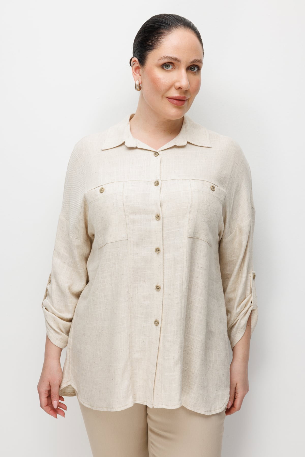 Ekol Kadın Büyük Beden Torba Cepli Keten Gömlek 2988 Naturel - 1
