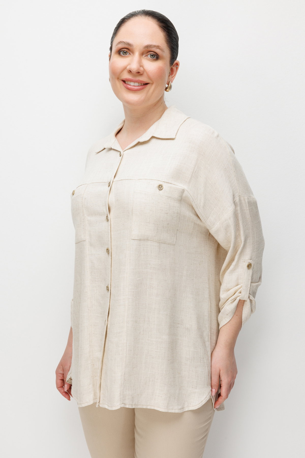 Ekol Kadın Büyük Beden Torba Cepli Keten Gömlek 2988 Naturel - 2