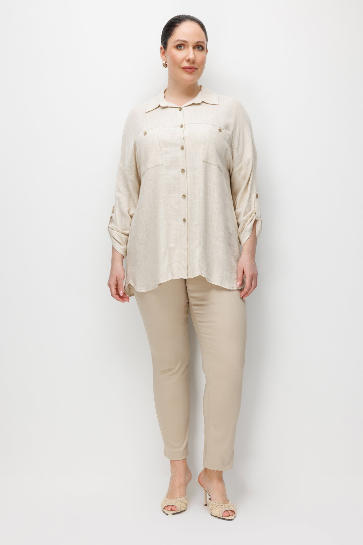 Ekol Kadın Büyük Beden Torba Cepli Keten Gömlek 2988 Naturel - 3