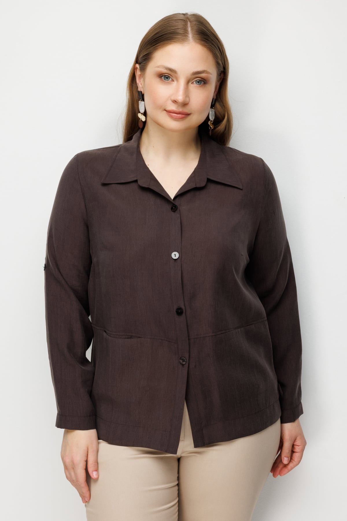 Ekol Kadın Büyük Beden Torba Cepli Polo Yaka Gömlek 7602 Kahverengi - 1