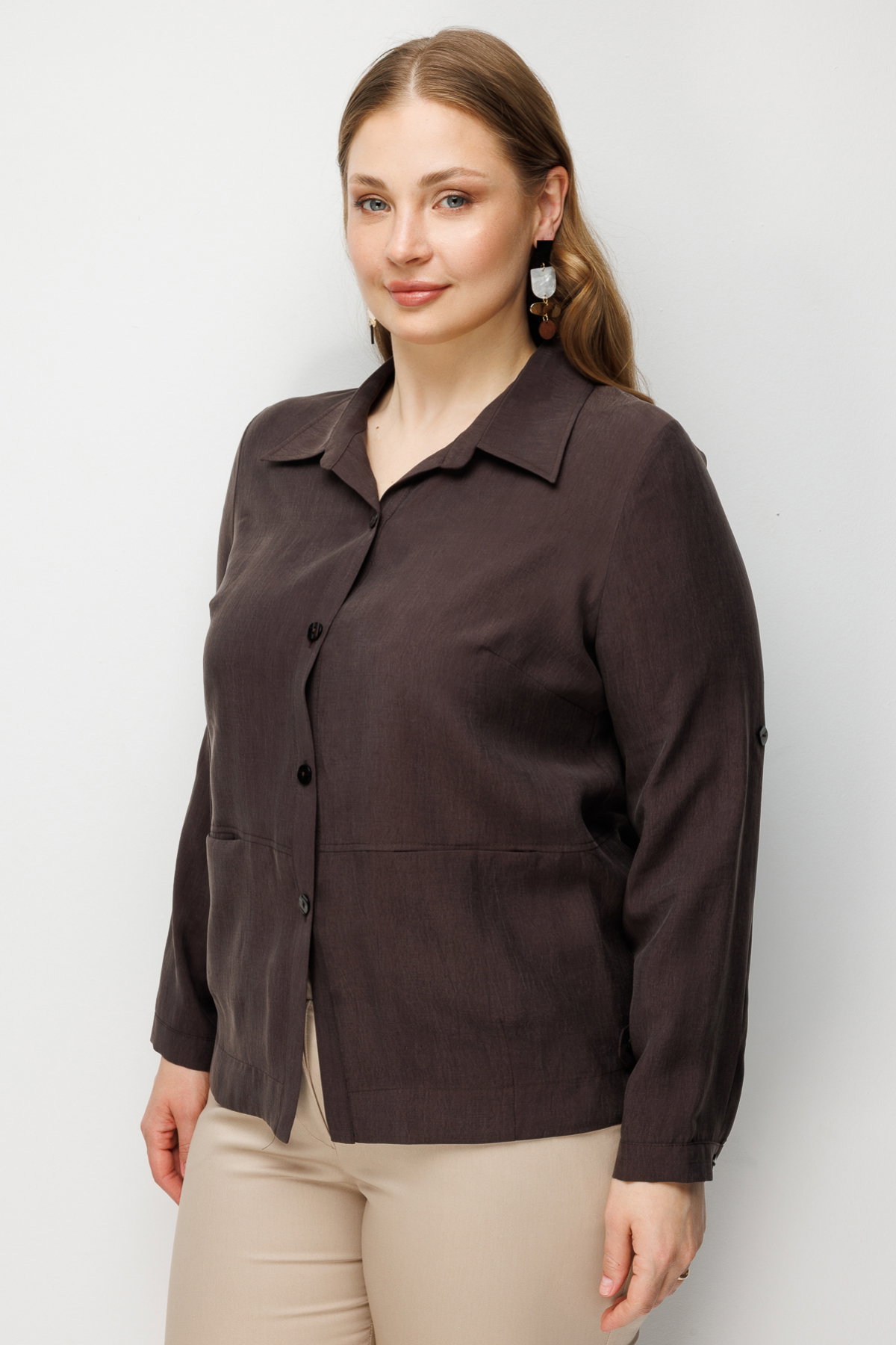 Ekol Kadın Büyük Beden Torba Cepli Polo Yaka Gömlek 7602 Kahverengi - 2
