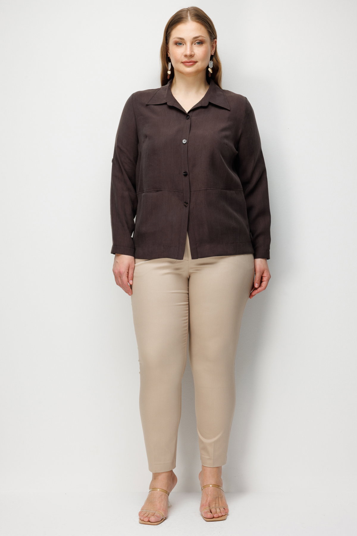 Ekol Kadın Büyük Beden Torba Cepli Polo Yaka Gömlek 7602 Kahverengi - 3