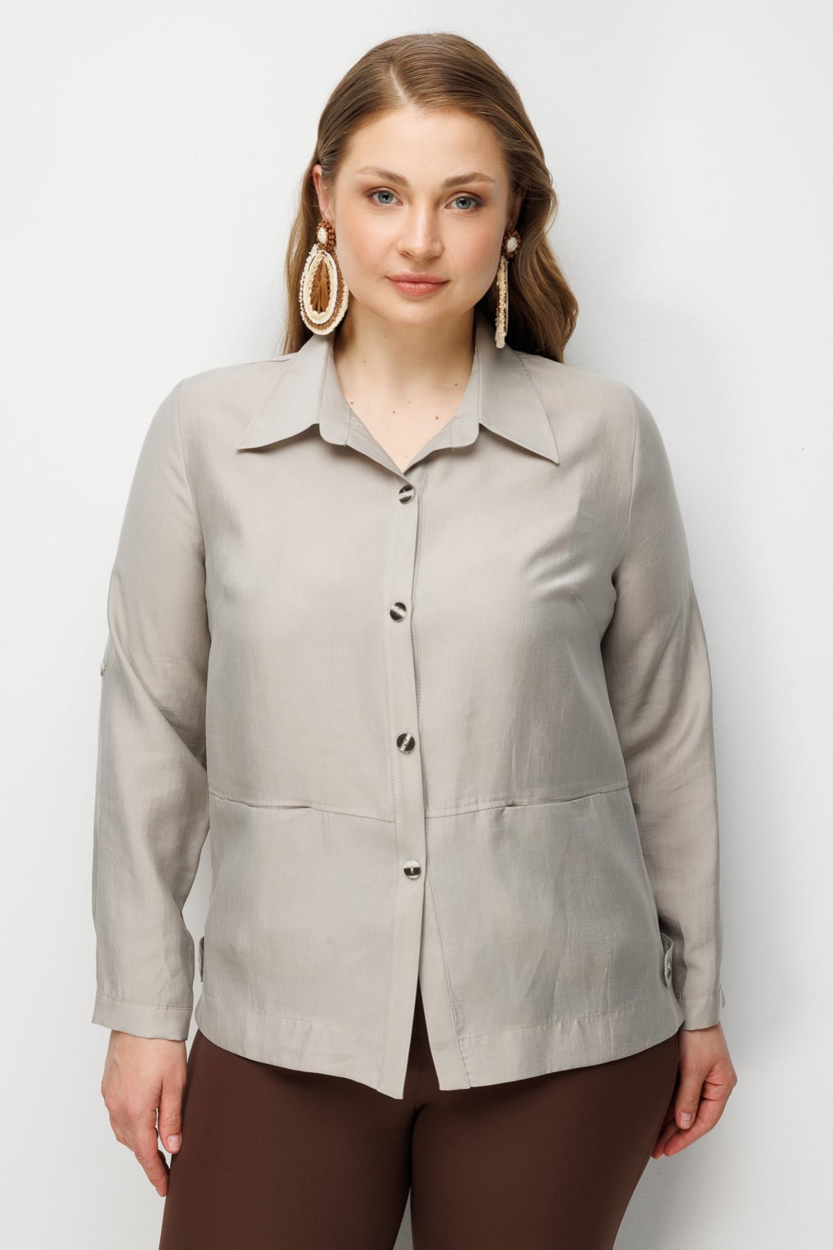 Ekol Kadın Büyük Beden Torba Cepli Polo Yaka Gömlek 7602 Taş - 1