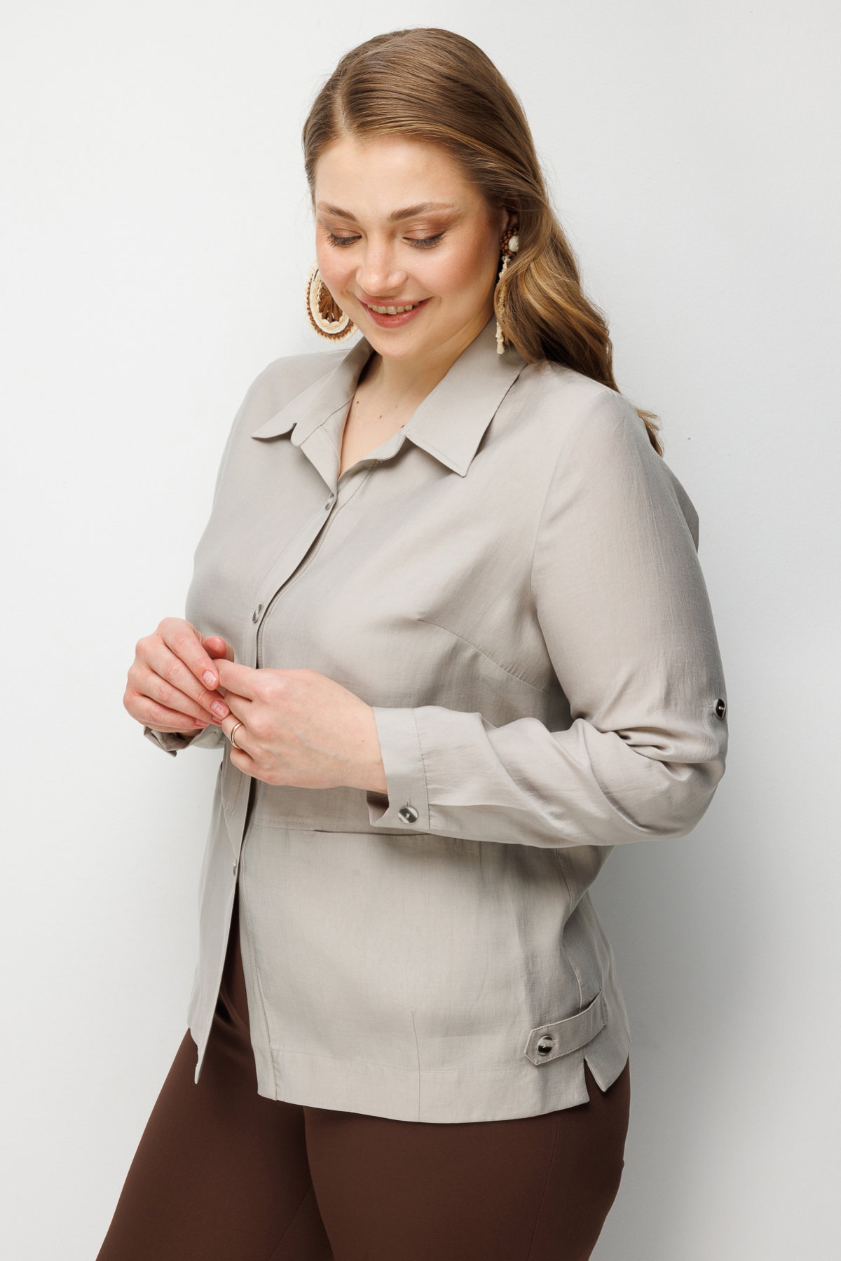 Ekol Kadın Büyük Beden Torba Cepli Polo Yaka Gömlek 7602 Taş - 2