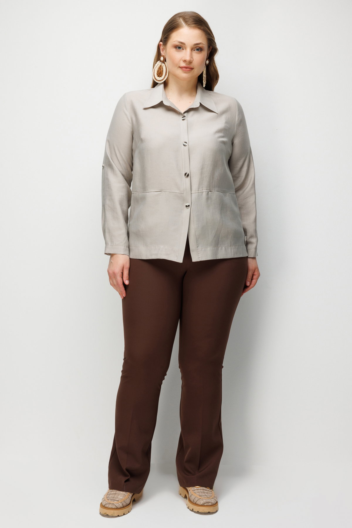 Ekol Kadın Büyük Beden Torba Cepli Polo Yaka Gömlek 7602 Taş - 3