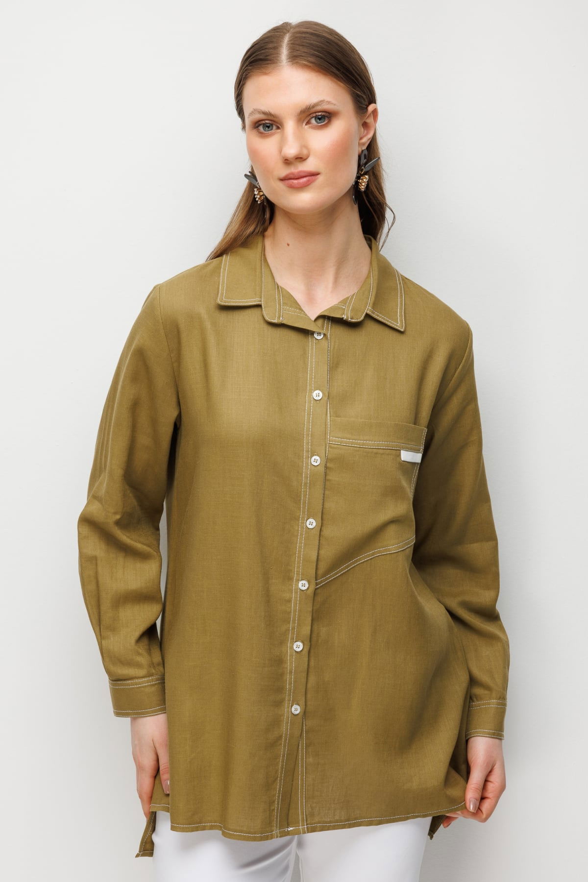 Ekol Kadın Büyük Beden Torba Cepli Polo Yaka Keten Gömlek 2986 Oliv - 1